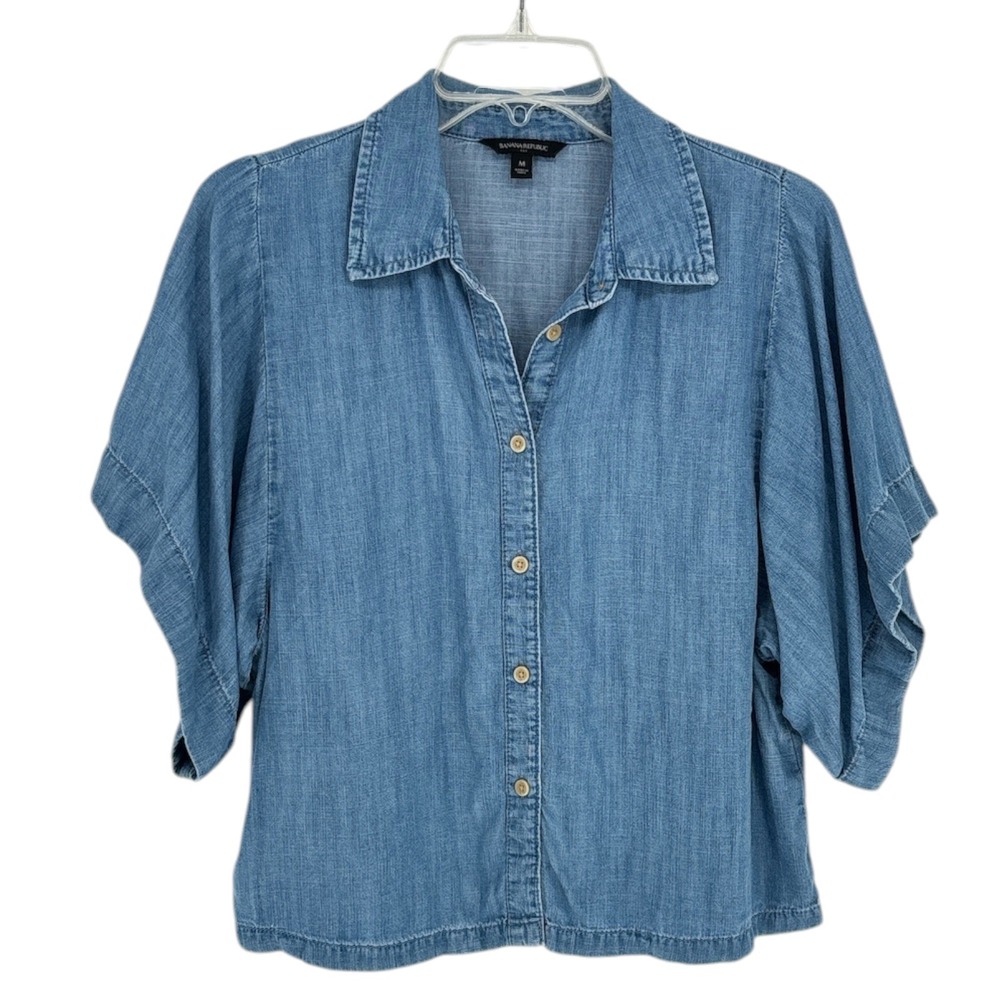 Banana Republic Womens Blue Chambray Short Sleeve Button Up Shirt Size Medium